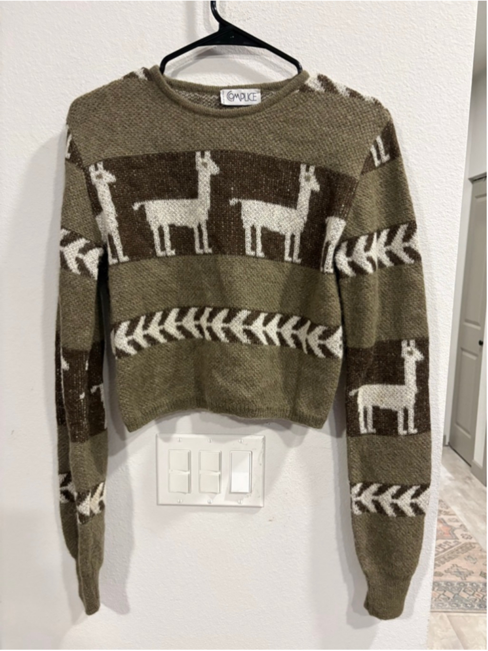 Women's Complice Green & Brown Llama Crew Neck Sweater